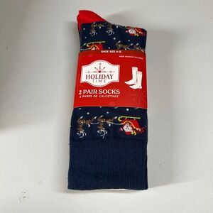 Holiday Time Christmas Socks 2-Pair Santa Reindeer Santa Shoe Size 6-12 NWT